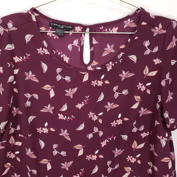 Simply Styled Blouse Womens Large Purple Floral Print Keyhole Back Scoop Neck - Picture 2 of 11